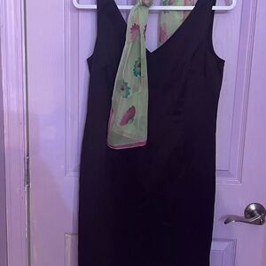 Ann Taylor Black Sleeveless Midi Sheath Dress with Scarf Accent PLUM Ky Derby